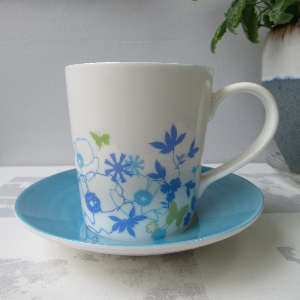 Starbucks 2006 Mug & Saucer Set Blue Flowers